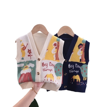 Vesta tricotată pentru copii cu imprimeu desen animat, fără mâneci, decolteu în V, închidere cu nasturi