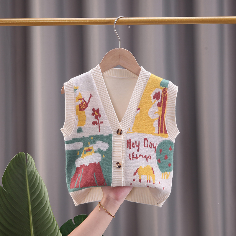 Vesta tricotată pentru copii cu imprimeu desen animat, fără mâneci, decolteu în V, închidere cu nasturi
