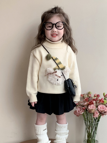 Pulover pentru copii în stil coreean, cu model floral, guler rotund, mâneci lungi, acrilic 95%, pentru copii 3–8 ani (Toamnă–Iarnă 2025)