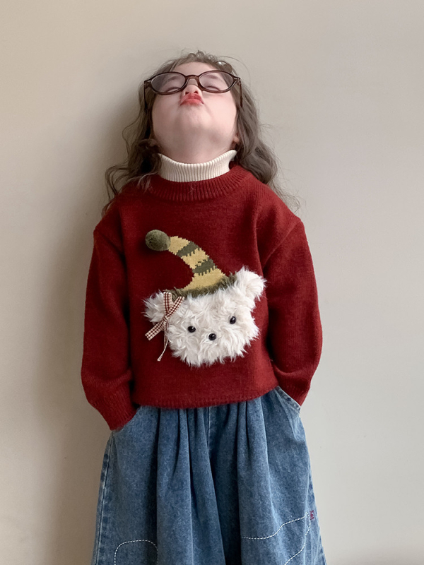 Pulover pentru copii în stil coreean, cu model floral, guler rotund, mâneci lungi, acrilic 95%, pentru copii 3–8 ani (Toamnă–Iarnă 2025)