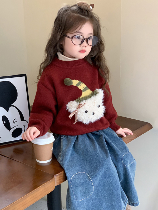 Pulover pentru copii în stil coreean, cu model floral, guler rotund, mâneci lungi, acrilic 95%, pentru copii 3–8 ani (Toamnă–Iarnă 2025)