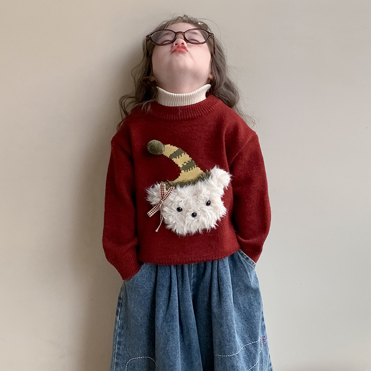 Pulover pentru copii în stil coreean, cu model floral, guler rotund, mâneci lungi, acrilic 95%, pentru copii 3–8 ani (Toamnă–Iarnă 2025)