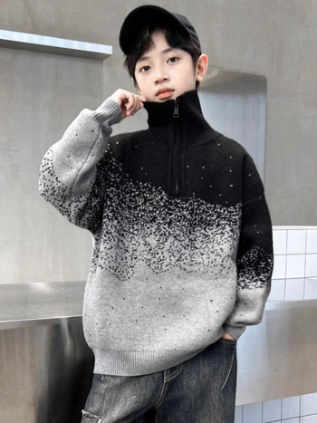 Pulover tricotat pentru copii, cu dungi, guler rotund, mâneci lungi, iarnă, poliester.