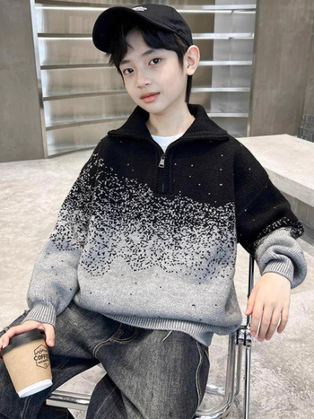 Pulover tricotat pentru copii, cu dungi, guler rotund, mâneci lungi, iarnă, poliester.