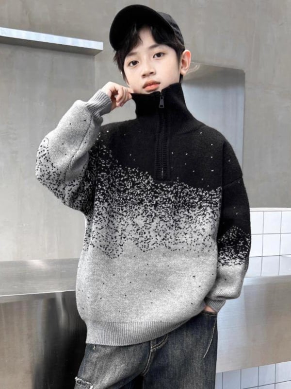 Pulover tricotat pentru copii, cu dungi, guler rotund, mâneci lungi, iarnă, poliester.