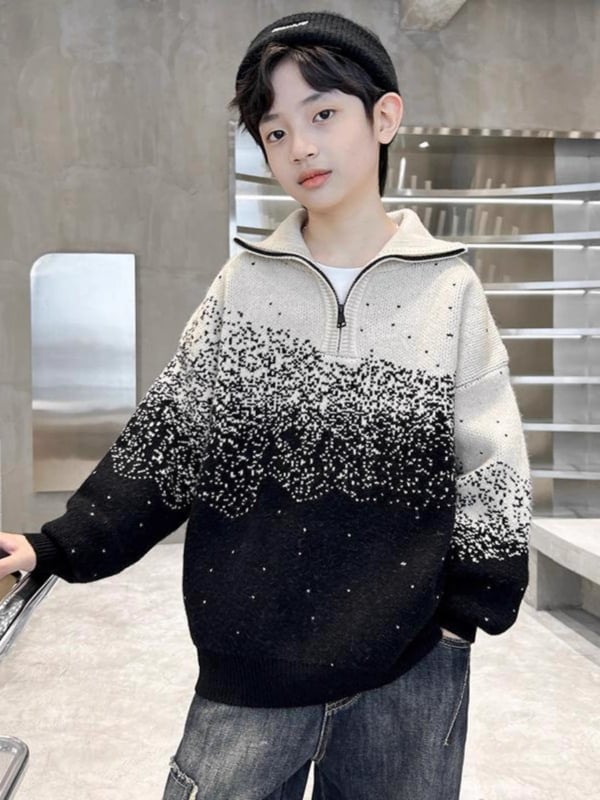 Pulover tricotat pentru copii, cu dungi, guler rotund, mâneci lungi, iarnă, poliester.