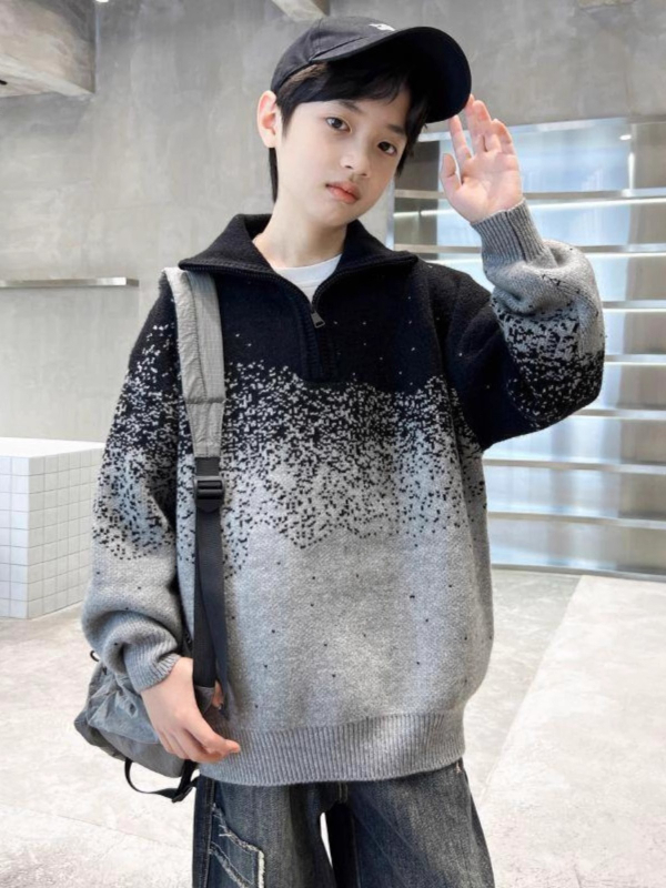 Pulover tricotat pentru copii, cu dungi, guler rotund, mâneci lungi, iarnă, poliester.