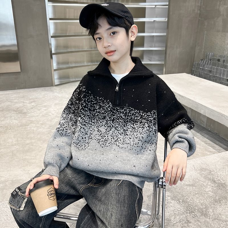 Pulover tricotat pentru copii, cu dungi, guler rotund, mâneci lungi, iarnă, poliester.