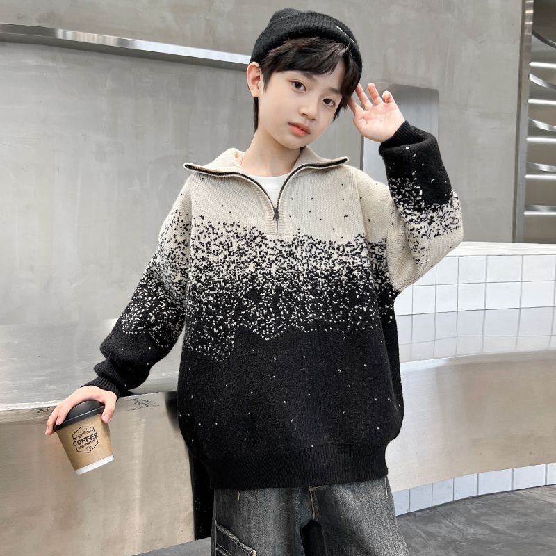 Pulover tricotat pentru copii, cu dungi, guler rotund, mâneci lungi, iarnă, poliester.