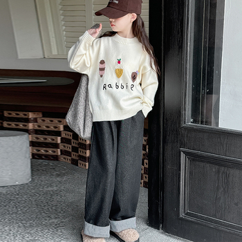 Pulover pentru fete, stil coreean, guler rotund, mâneci lungi, 60% fibră acrilică, model desene animate