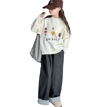 Pulover pentru fete, stil coreean, guler rotund, mâneci lungi, 60% fibră acrilică, model desene animate