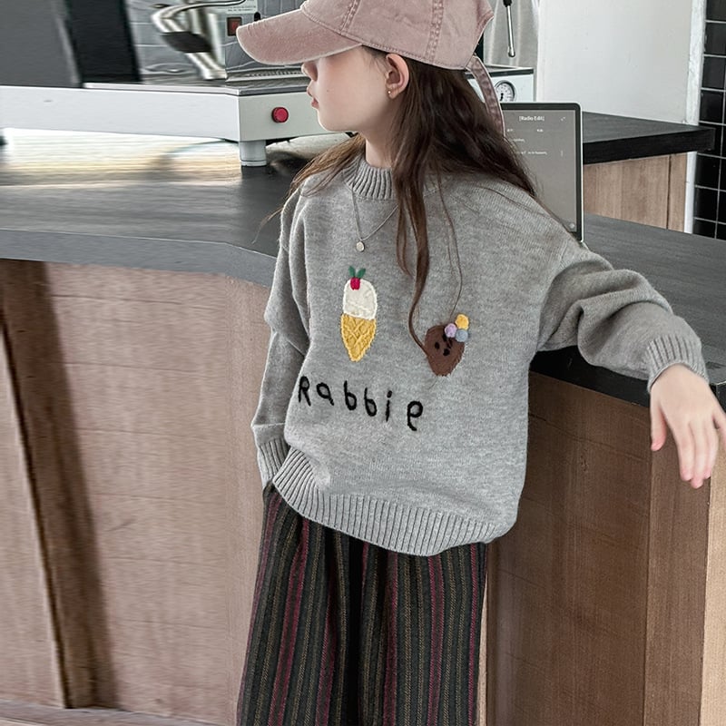 Pulover pentru fete, stil coreean, guler rotund, mâneci lungi, 60% fibră acrilică, model desene animate