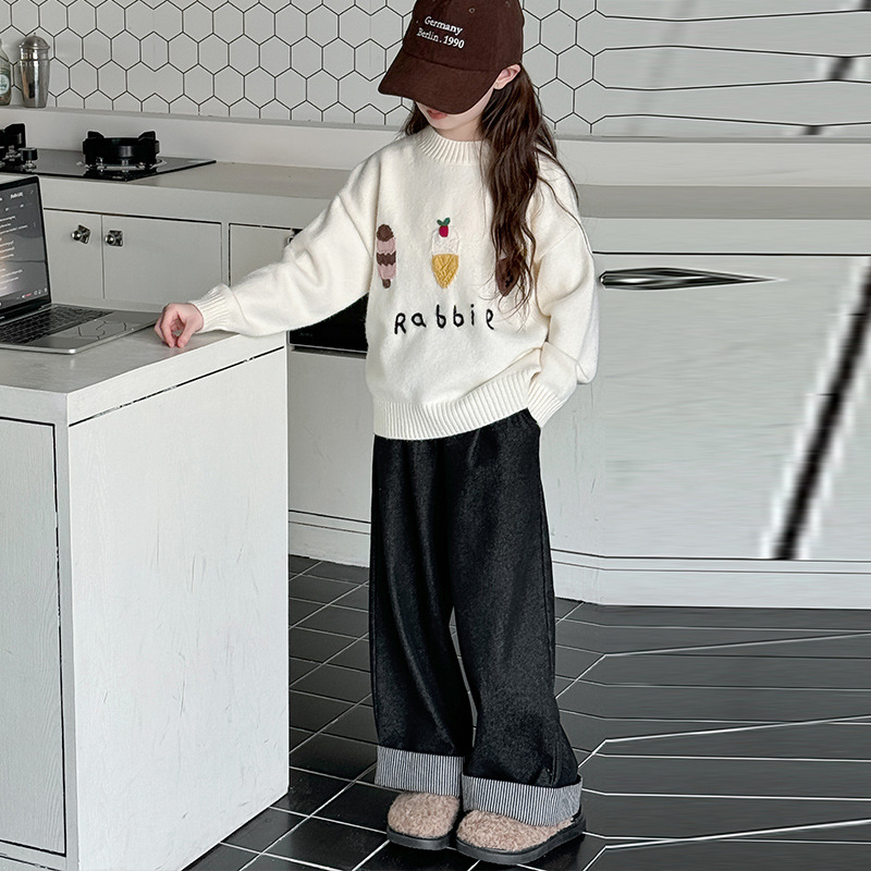 Pulover pentru fete, stil coreean, guler rotund, mâneci lungi, 60% fibră acrilică, model desene animate