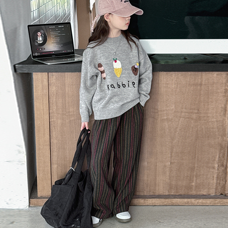 Pulover pentru fete, stil coreean, guler rotund, mâneci lungi, 60% fibră acrilică, model desene animate