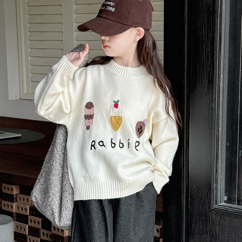 Pulover pentru fete, stil coreean, guler rotund, mâneci lungi, 60% fibră acrilică, model desene animate