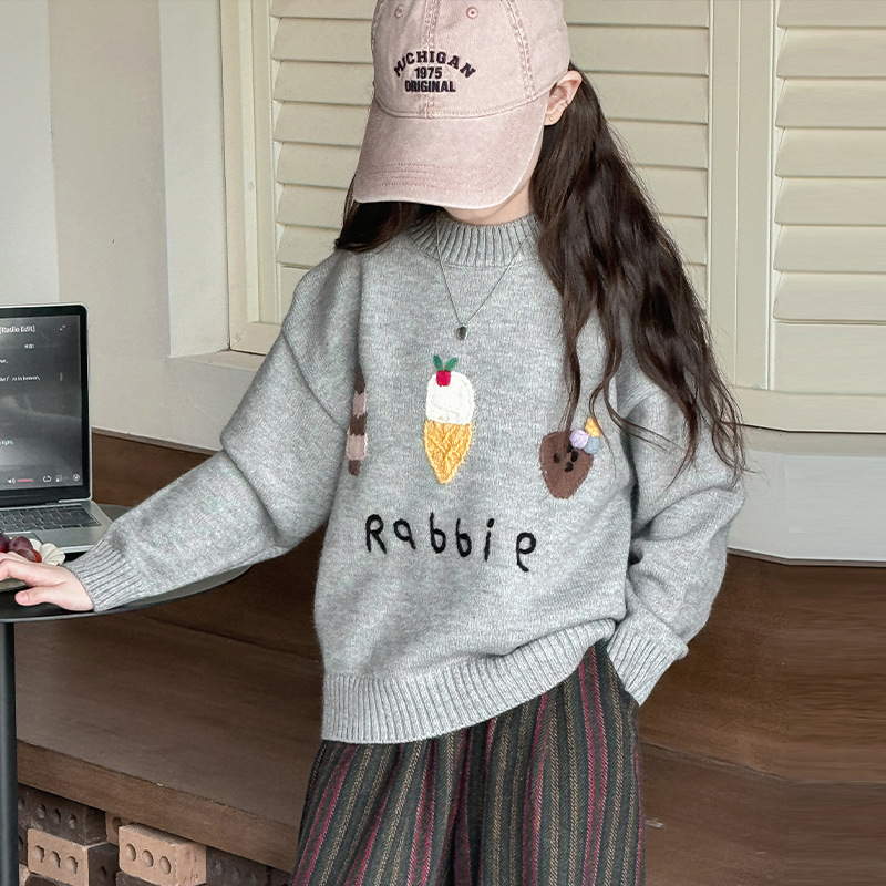 Pulover pentru fete, stil coreean, guler rotund, mâneci lungi, 60% fibră acrilică, model desene animate