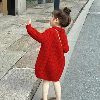 Rochie-pulover tricotată pentru copii, stil coreean, mâneci lungi, decolteu în V, tricot gros cu 80% poliester