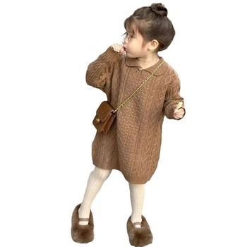 Rochie-pulover tricotată pentru copii, stil coreean, mâneci lungi, decolteu în V, tricot gros cu 80% poliester