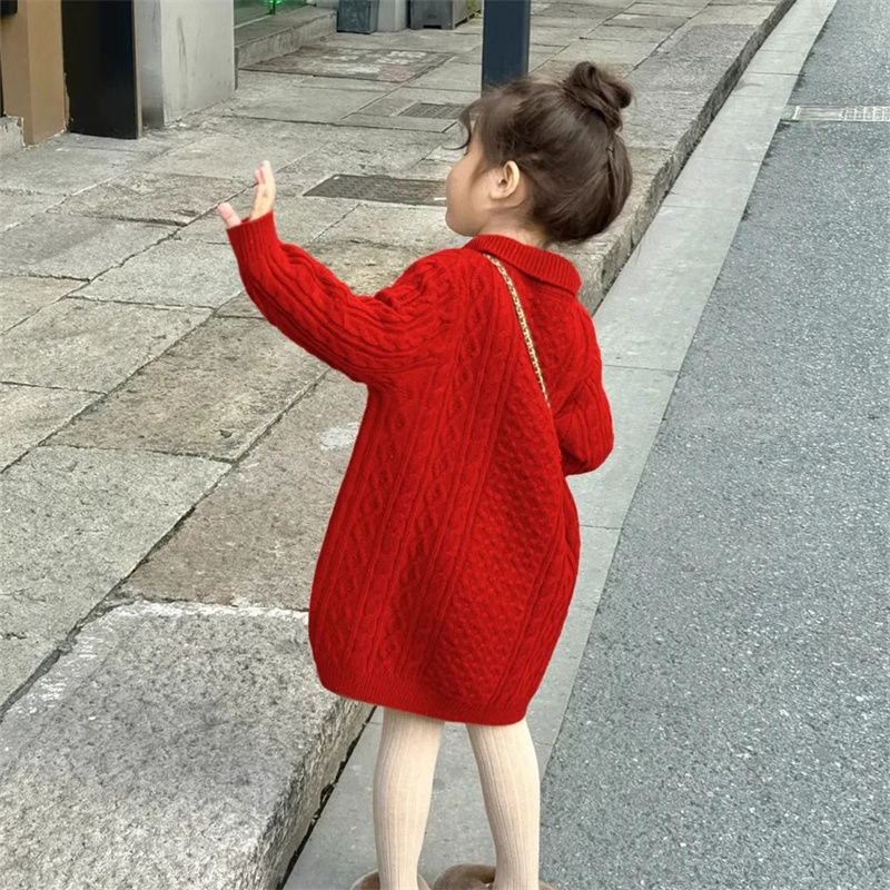 Rochie-pulover tricotată pentru copii, stil coreean, mâneci lungi, decolteu în V, tricot gros cu 80% poliester