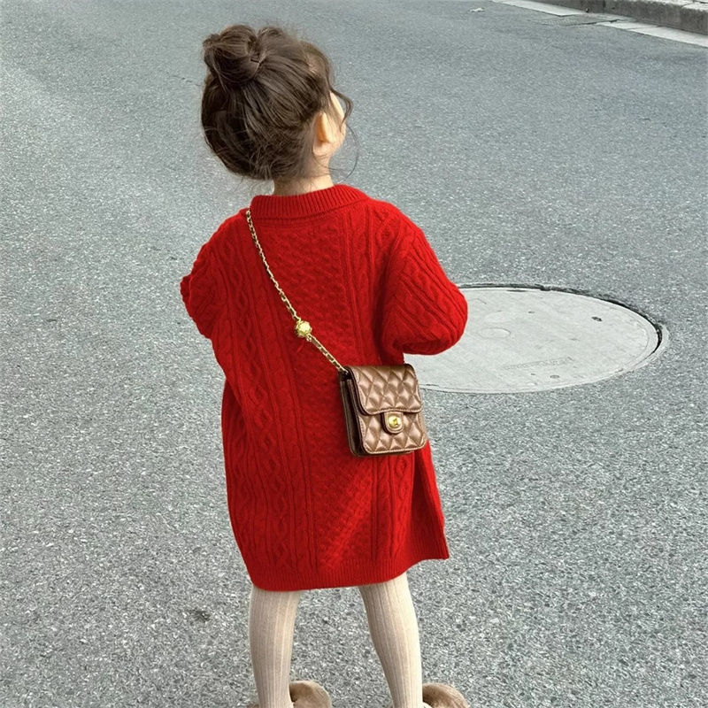 Rochie-pulover tricotată pentru copii, stil coreean, mâneci lungi, decolteu în V, tricot gros cu 80% poliester