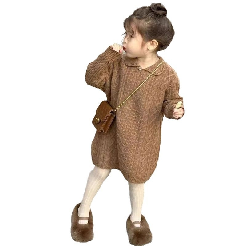 Rochie-pulover tricotată pentru copii, stil coreean, mâneci lungi, decolteu în V, tricot gros cu 80% poliester