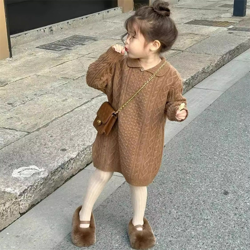 Rochie-pulover tricotată pentru copii, stil coreean, mâneci lungi, decolteu în V, tricot gros cu 80% poliester