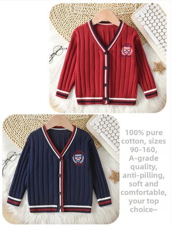 Cardigan copii tricotat în dungi, stil academie, guler în V, mâneci lungi, închidere cu nasturi pe un singur rând, 100% bumbac, toamnă-iarnă