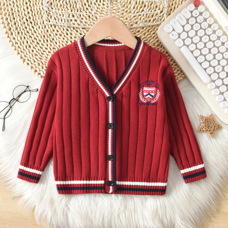 Cardigan copii tricotat în dungi, stil academie, guler în V, mâneci lungi, închidere cu nasturi pe un singur rând, 100% bumbac, toamnă-iarnă