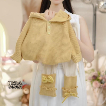 Pulover tricotat cu glugă pentru fetițe, stil coreean, mâneci lungi, pentru copii 3–8 ani, iarnă 2025, poliester 30%