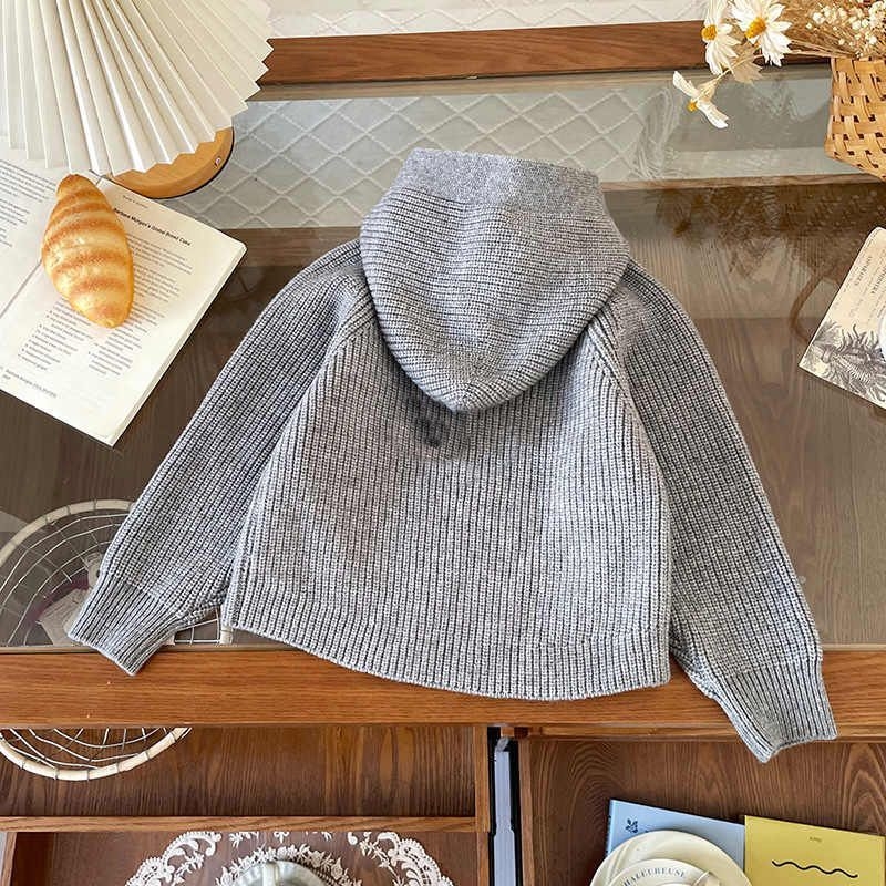 Pulover tricotat cu glugă pentru fetițe, stil coreean, mâneci lungi, pentru copii 3–8 ani, iarnă 2025, poliester 30%