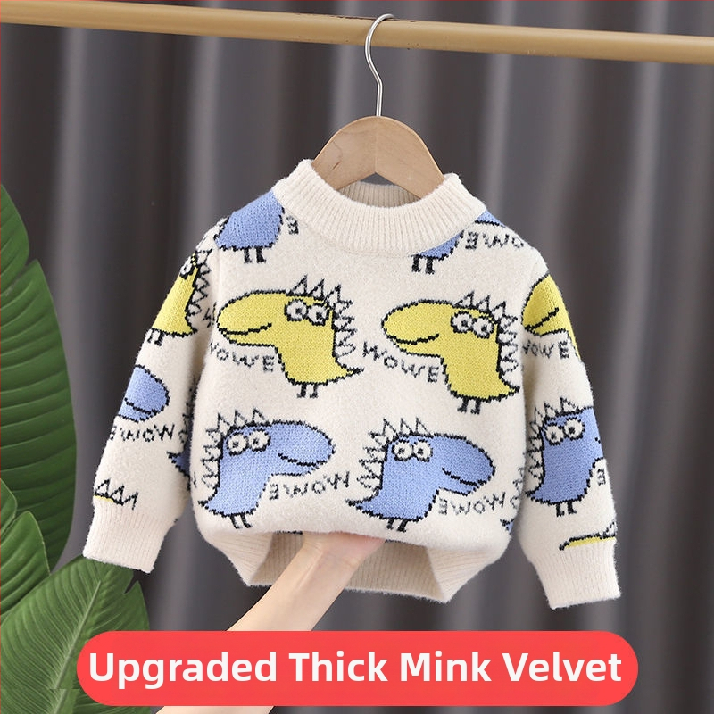 Pulover tricotat pentru copii, blană de iepure groasă, guler rotund, mâneci lungi, stil coreean, iarnă