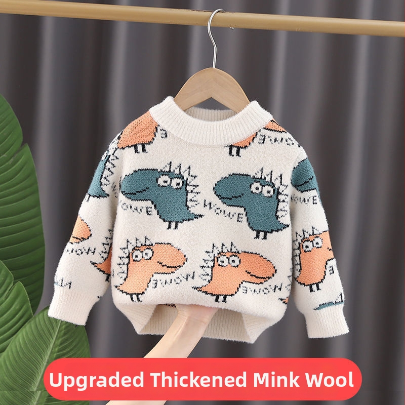 Pulover tricotat pentru copii, blană de iepure groasă, guler rotund, mâneci lungi, stil coreean, iarnă
