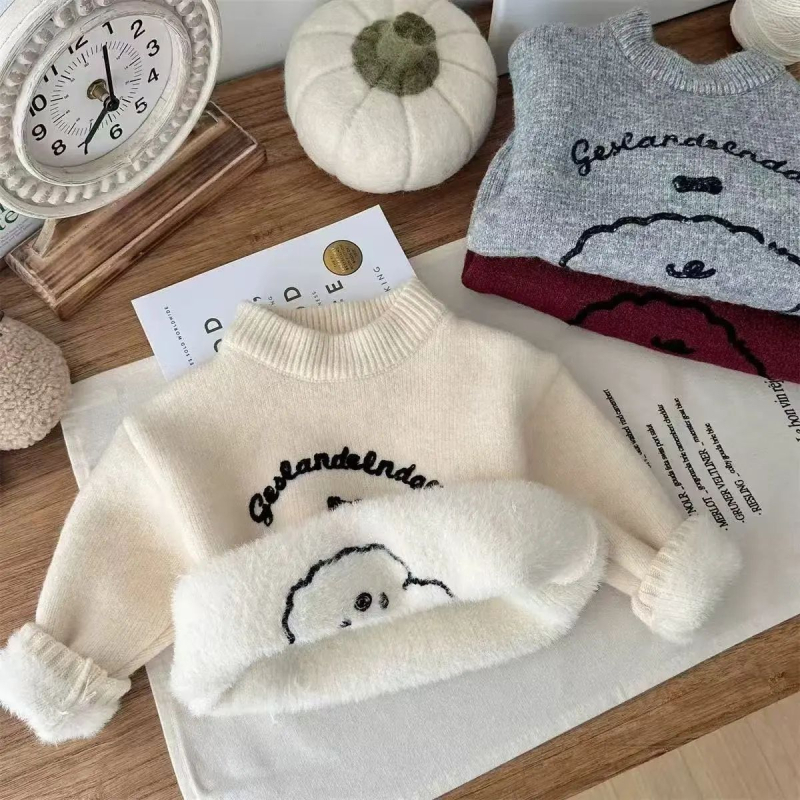 Pulover pentru copii, stil coreean, model cu desene animate, mâneci lungi, guler rotund, material principal: 95% poliester