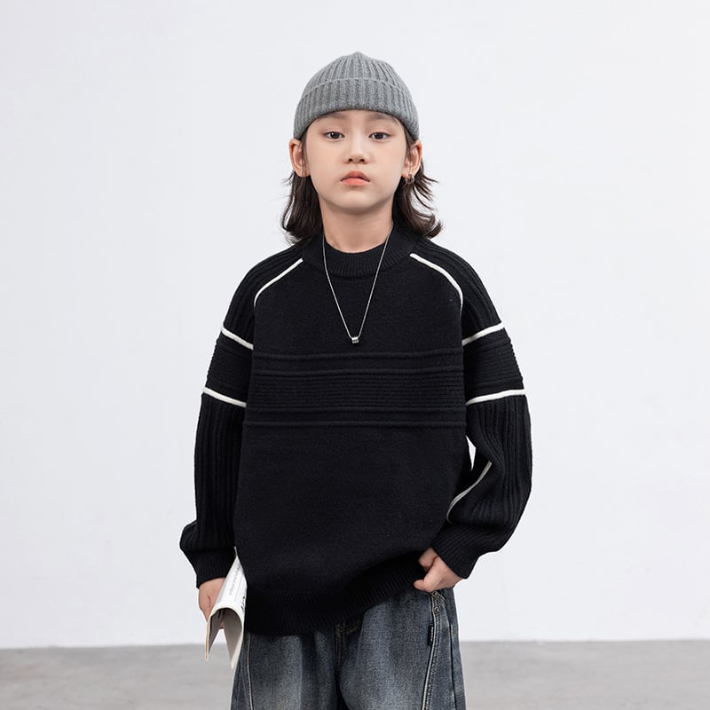 Baymeng Pulover tricotat pentru copii, băieți, guler rotund, mâneci lungi, culoare solidă, 64% acrilic / 10% nailon / 26% PBT