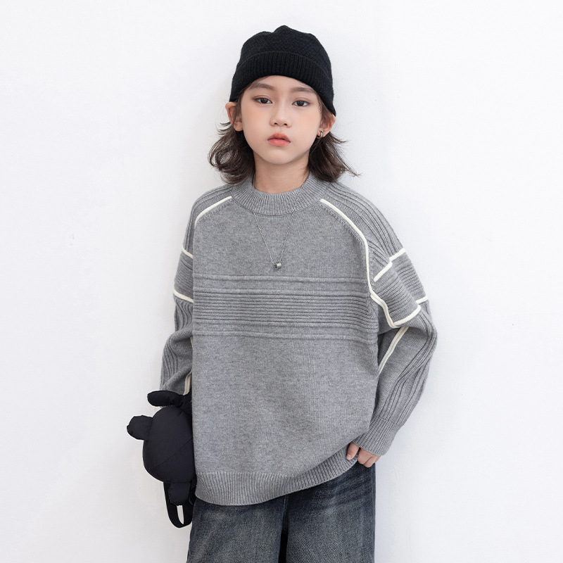 Baymeng Pulover tricotat pentru copii, băieți, guler rotund, mâneci lungi, culoare solidă, 64% acrilic / 10% nailon / 26% PBT