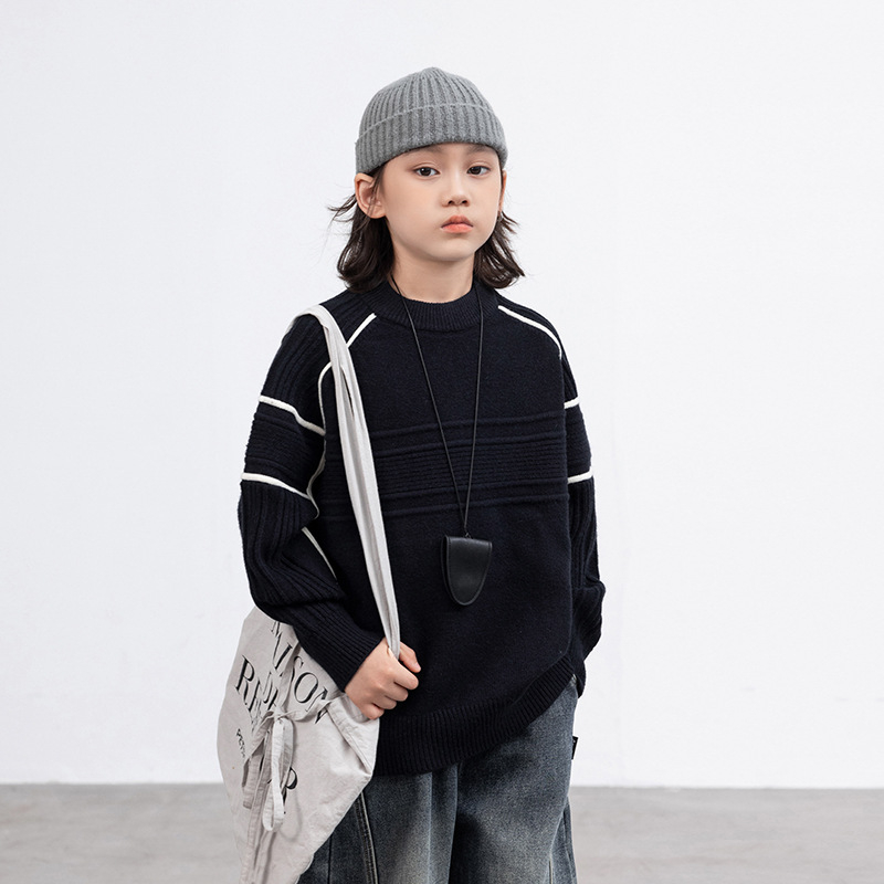 Baymeng Pulover tricotat pentru copii, băieți, guler rotund, mâneci lungi, culoare solidă, 64% acrilic / 10% nailon / 26% PBT