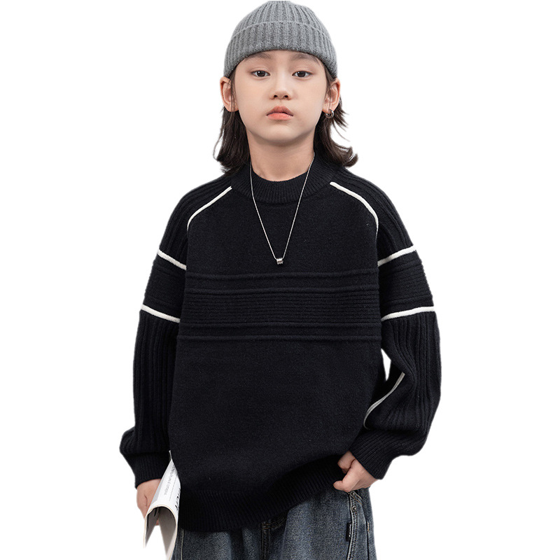 Baymeng Pulover tricotat pentru copii, băieți, guler rotund, mâneci lungi, culoare solidă, 64% acrilic / 10% nailon / 26% PBT