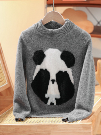 Dječji pleteni pulover od 100% vune, panda uzorak, debeli, s okruglim ovratnikom, korejski stil