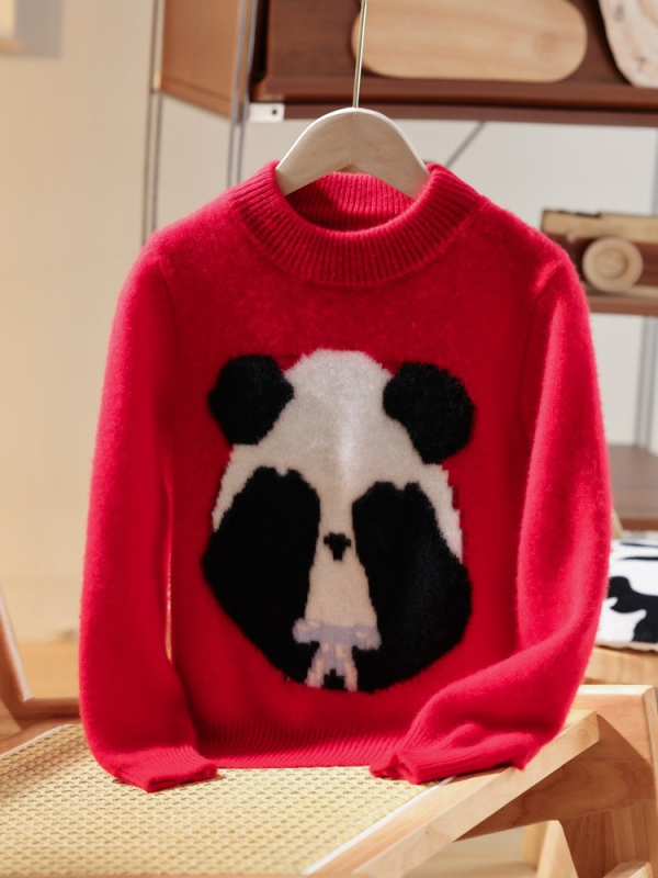 Dječji pleteni pulover od 100% vune, panda uzorak, debeli, s okruglim ovratnikom, korejski stil