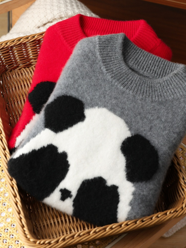 Dječji pleteni pulover od 100% vune, panda uzorak, debeli, s okruglim ovratnikom, korejski stil