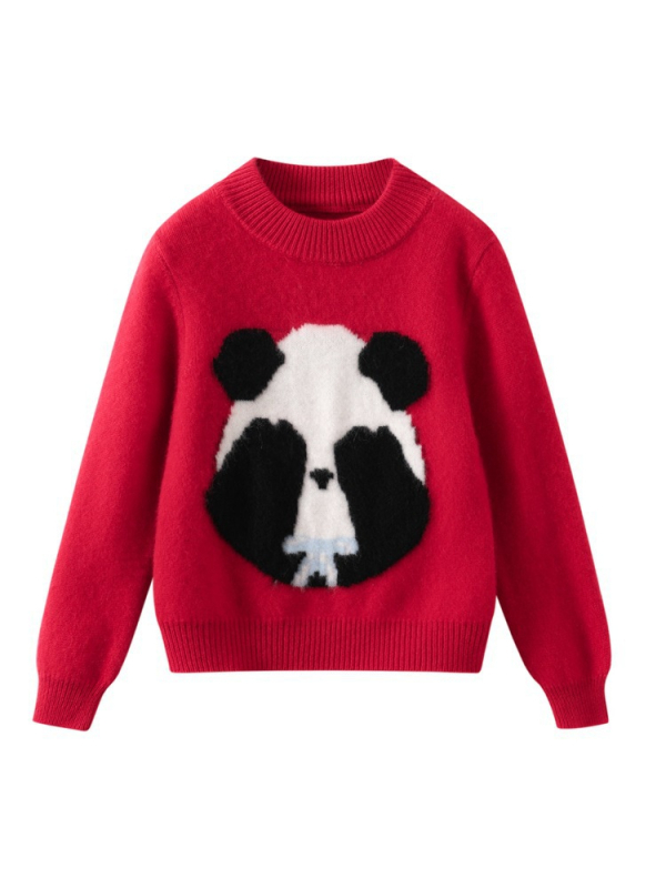 Dječji pleteni pulover od 100% vune, panda uzorak, debeli, s okruglim ovratnikom, korejski stil