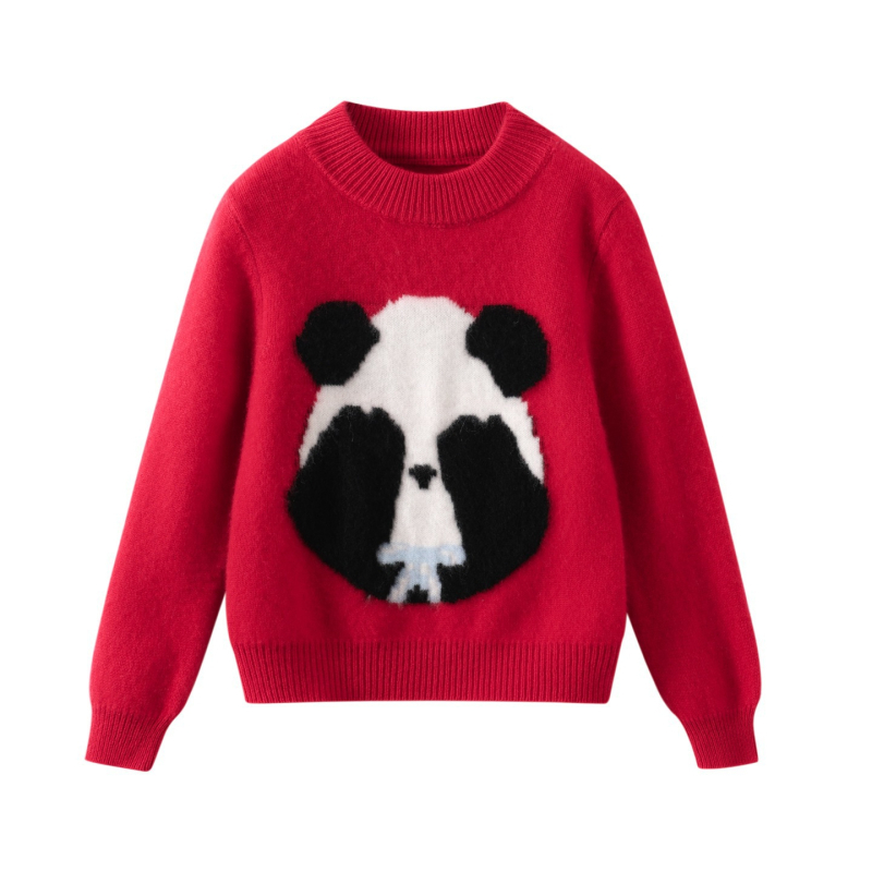 Dječji pleteni pulover od 100% vune, panda uzorak, debeli, s okruglim ovratnikom, korejski stil