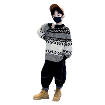 Pulover tricotat pentru copii, țesătură moale, căldură densă, guler rotund, mâneci lungi, 45% poliester (Toamnă 2025, pentru copii 8+)