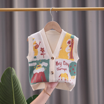 Vestă tricotată pentru copii cu imprimeu cartoon, fără mâneci, decolteu în V, stil coreean, 50% viscoză amestec, pentru copii 3–8 ani, primăvară/toamnă 2025.