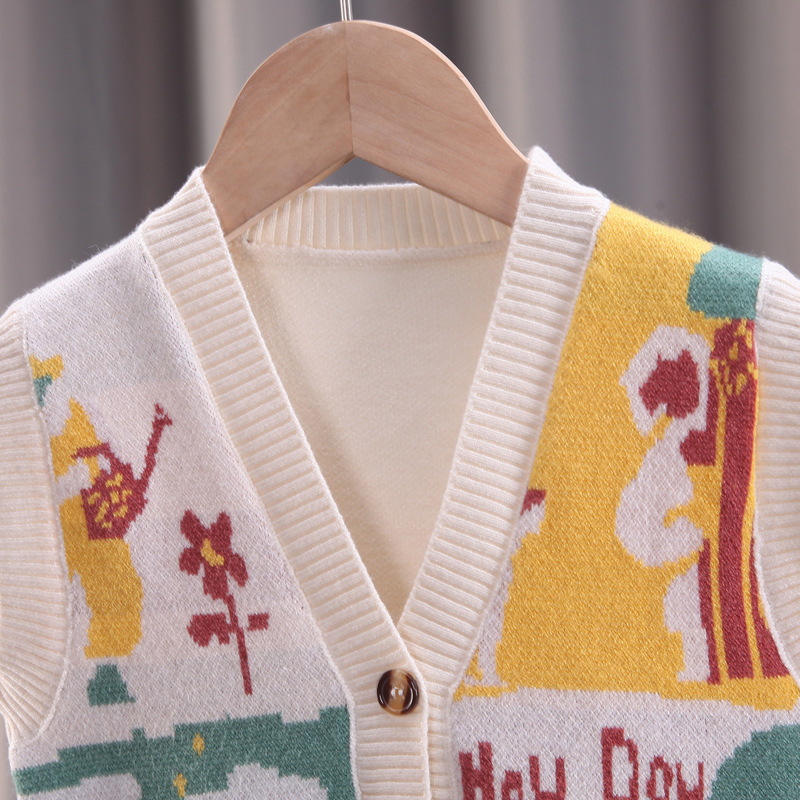 Vestă tricotată pentru copii cu imprimeu cartoon, fără mâneci, decolteu în V, stil coreean, 50% viscoză amestec, pentru copii 3–8 ani, primăvară/toamnă 2025.