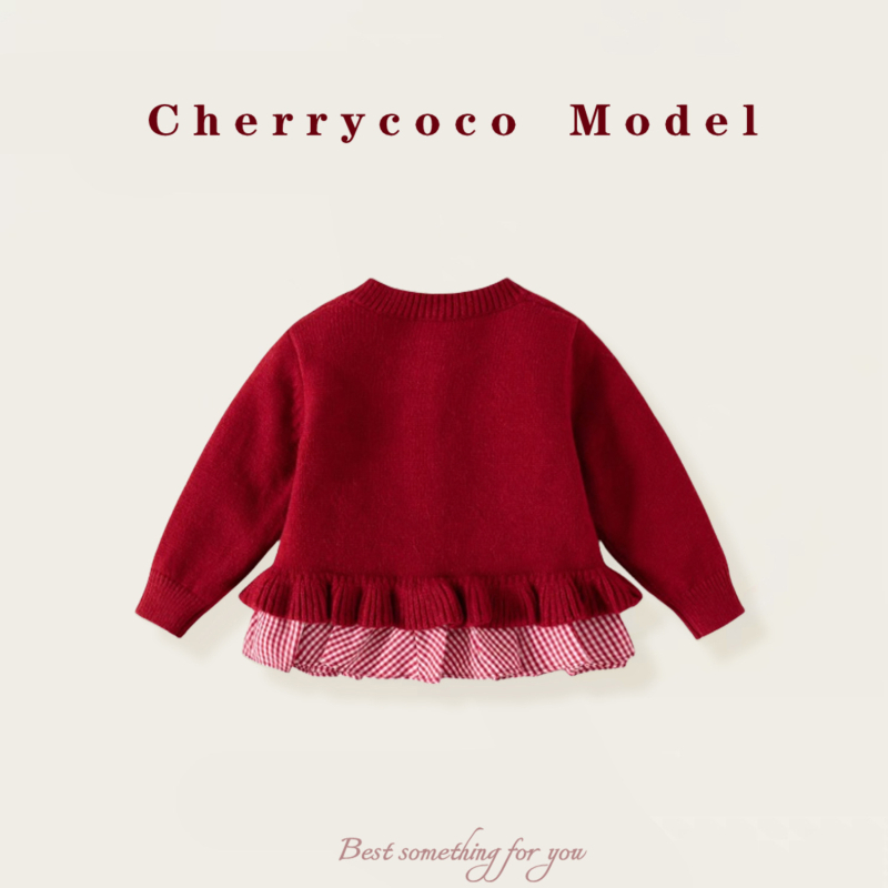 Cherrycoco Cardigan tricot pentru fete – stil prințesă, toamnă 2025, model în grilă, material principal 60% poliester, tratament moale, guler rotund, închidere cu nasturi, mâneci lungi, fără glugă, pentru copii 3–8 ani