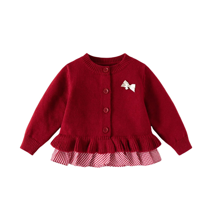 Cherrycoco Cardigan tricot pentru fete – stil prințesă, toamnă 2025, model în grilă, material principal 60% poliester, tratament moale, guler rotund, închidere cu nasturi, mâneci lungi, fără glugă, pentru copii 3–8 ani