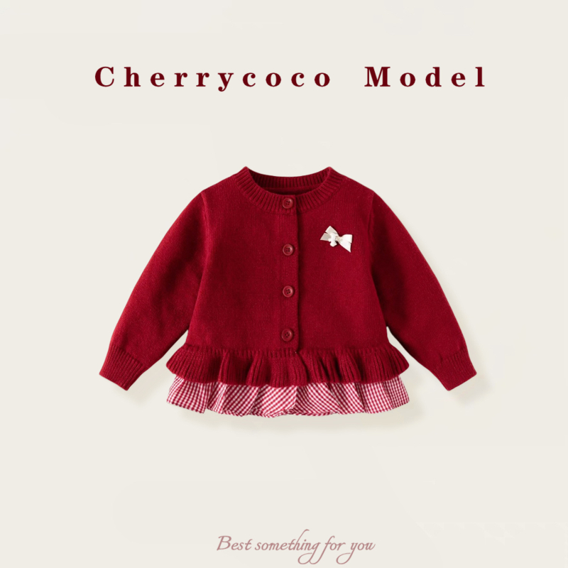 Cherrycoco Cardigan tricot pentru fete – stil prințesă, toamnă 2025, model în grilă, material principal 60% poliester, tratament moale, guler rotund, închidere cu nasturi, mâneci lungi, fără glugă, pentru copii 3–8 ani