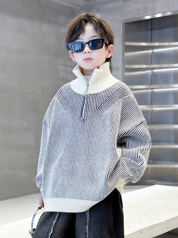 Pulover pentru băieți cu guler înalt, tricot din amestec acrilic, model în dungi, gros pentru iarnă, pentru copii 8+ ani