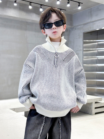 Pulover pentru băieți cu guler înalt, tricot din amestec acrilic, model în dungi, gros pentru iarnă, pentru copii 8+ ani